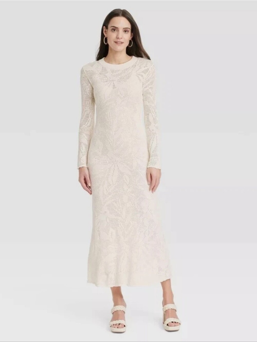 A NEW DAY Cream Crochet Knit Long Sleeve Sheer Lace Maxi Dress No Liner